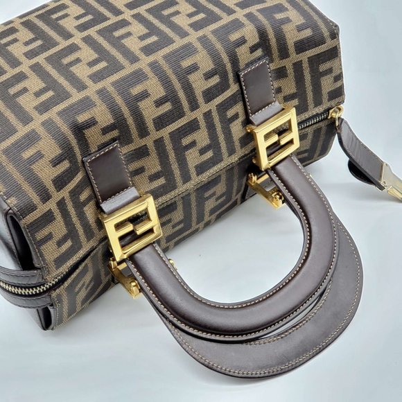 AUTH FENDI ZUCCA BROWN CANVAS LEATHER HAND BAG - Picture 6 of 16